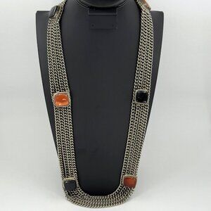 Vtg Multi Strand Pewter Chain Necklace Black Onyx Amber Color Stone Accents